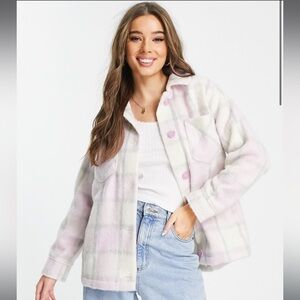 Hollister Pink and White Teddy Jacket Cozy Oversized Fit
